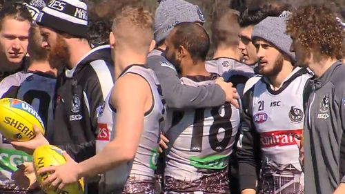 Travis Varcoe was embraced by teammates at Collingwood training this week. 