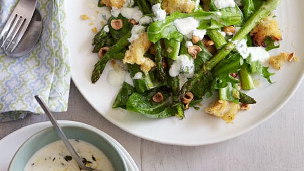 Roast asparagus, chicory and goat’s cheese salad