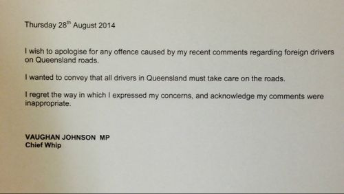 Vaughan Johnson's apology after making "inappropriate" Asian driver comments. (supplied)