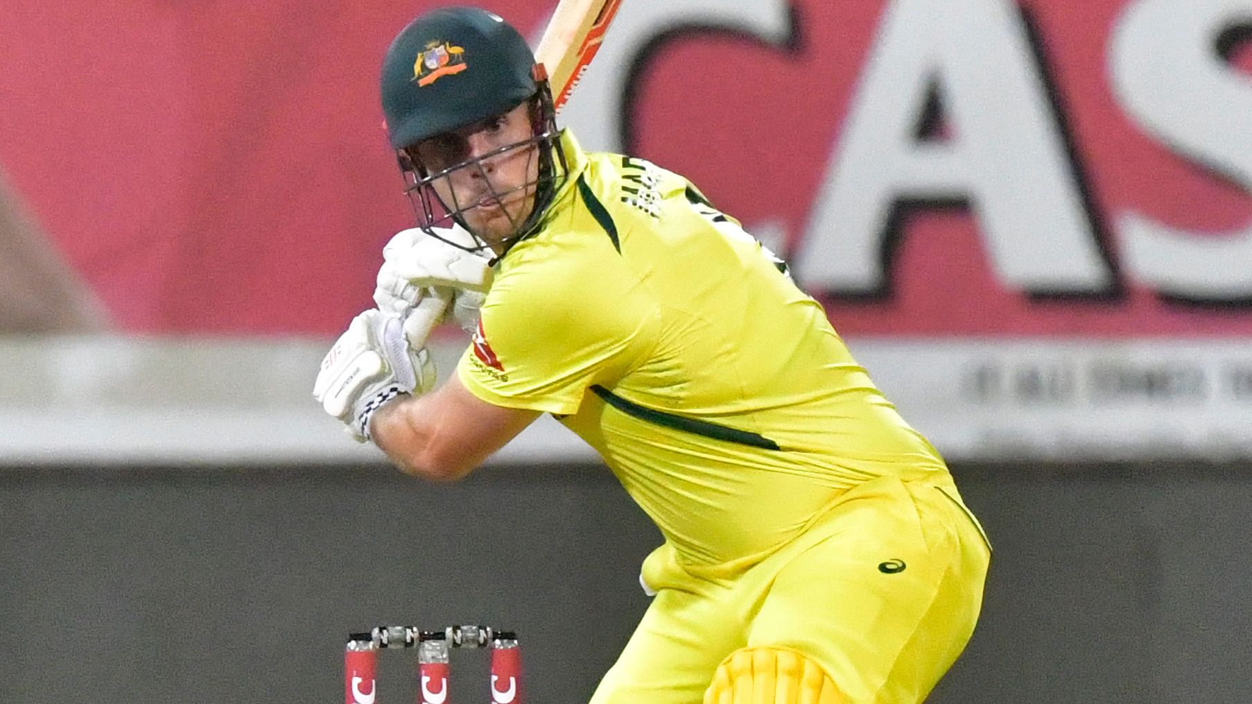 Mitchell Marsh of Australia tees off against South Africa.