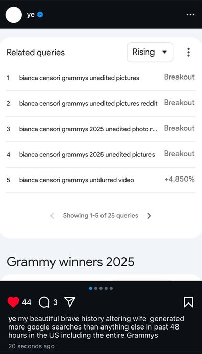 Kanye West Posts Tentang Pakaian Bianca Sensori Grammy