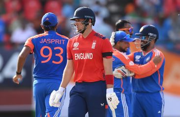 Liam Livingstone of England reacts as he walks off after being run out by India.
