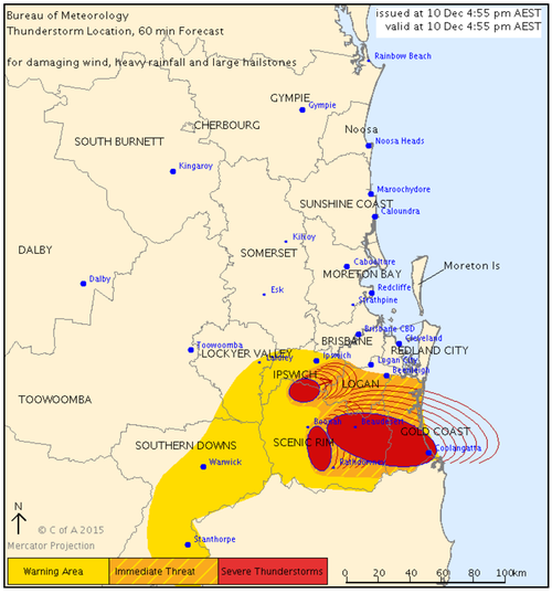 Severe thunderstorm warning expanded to include Ipswich, Logan, Gold Coast and Scenic Rim areas
