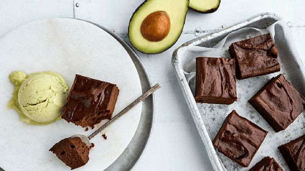 Avocado brownies with green avocado ice cream