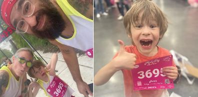 Six-year-old completes marathon with parents. 
