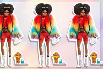 9PR: Barbie Extra Doll #1 in Furry Rainbow Coat with Pet Poodle, Brunette Afro-Puffs with Braids, Including 'Shine Bright' Sunglasses, Multiple Flexible Joints