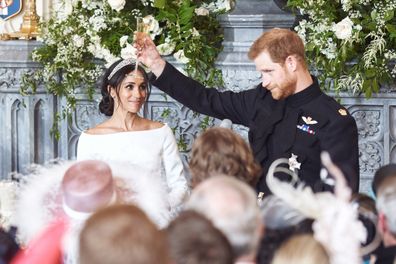 Meghan, Duchess of Sussex, with Prince Harry, Duke of Sussex, during their daytime wedding reception at Windsor Castle on May 19, 2018 in Windsor.