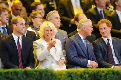 Prince William, Queen Camilla, King Charles and Prince Harry at Olympic Park on September 10, 2014 in London, England.