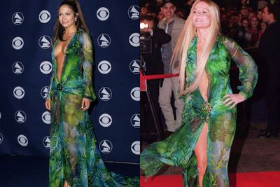 Would you believe it if we told you that Geri Halliwell wore Jennifer Lopez's super-sexy Grammy's number first?<br/><br/>Barely making a headline, Geri's $15,000 high-fash fail at the NRJ Music Awards is best-known as JLo's most controversial red carpet moment of all time... because it was pretty much held together by a bling-brooch placed on her crotch.  <br/><br/>Looks like JLo wins this round.