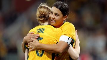 PERTH, AUSTRALIA - OCTOBER 26: Samantha Kerr of the Matildas celebrates with team mates after scoring a goal during the AFC Women&#x27;s Asian Olympic Qualifier match between Australia Matildas and IR Iran at HBF Park on October 26, 2023 in Perth, Australia. (Photo by Will Russell/Getty Images)
