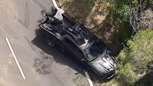 The driver of this vehicle was taken to hospital by helicopter with serious chest injuries. (9NEWS)