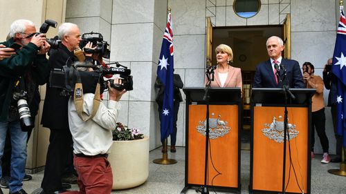 Minister for Foreign Affairs Julie Bishop and Prime Minister Malcolm Turnbull at a press conference at Parliament House in Canberra, Tuesday, August 21, 2018