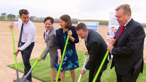 NSW Premier Gladys Berejiklian (centre) at the Kemps Creek site today. (9NEWS)