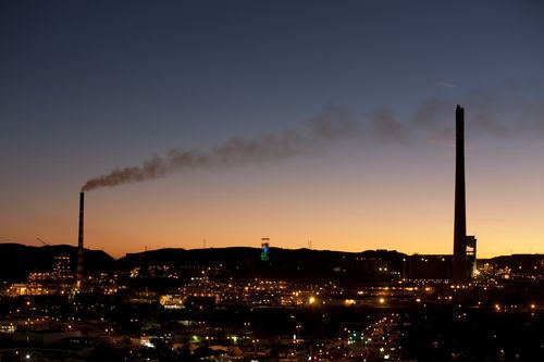 Mt Isa lead poisoning story. The copper smelter stack and lead smelter stack at the Xtrata Mount Isa Mines site in western Queensland at dusk. Thursday 2nd July 2009.