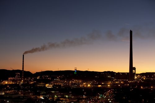 Mt Isa lead poisoning story. The copper smelter stack and lead smelter stack at the Xtrata Mount Isa Mines site in western Queensland at dusk. Thursday 2nd July 2009.