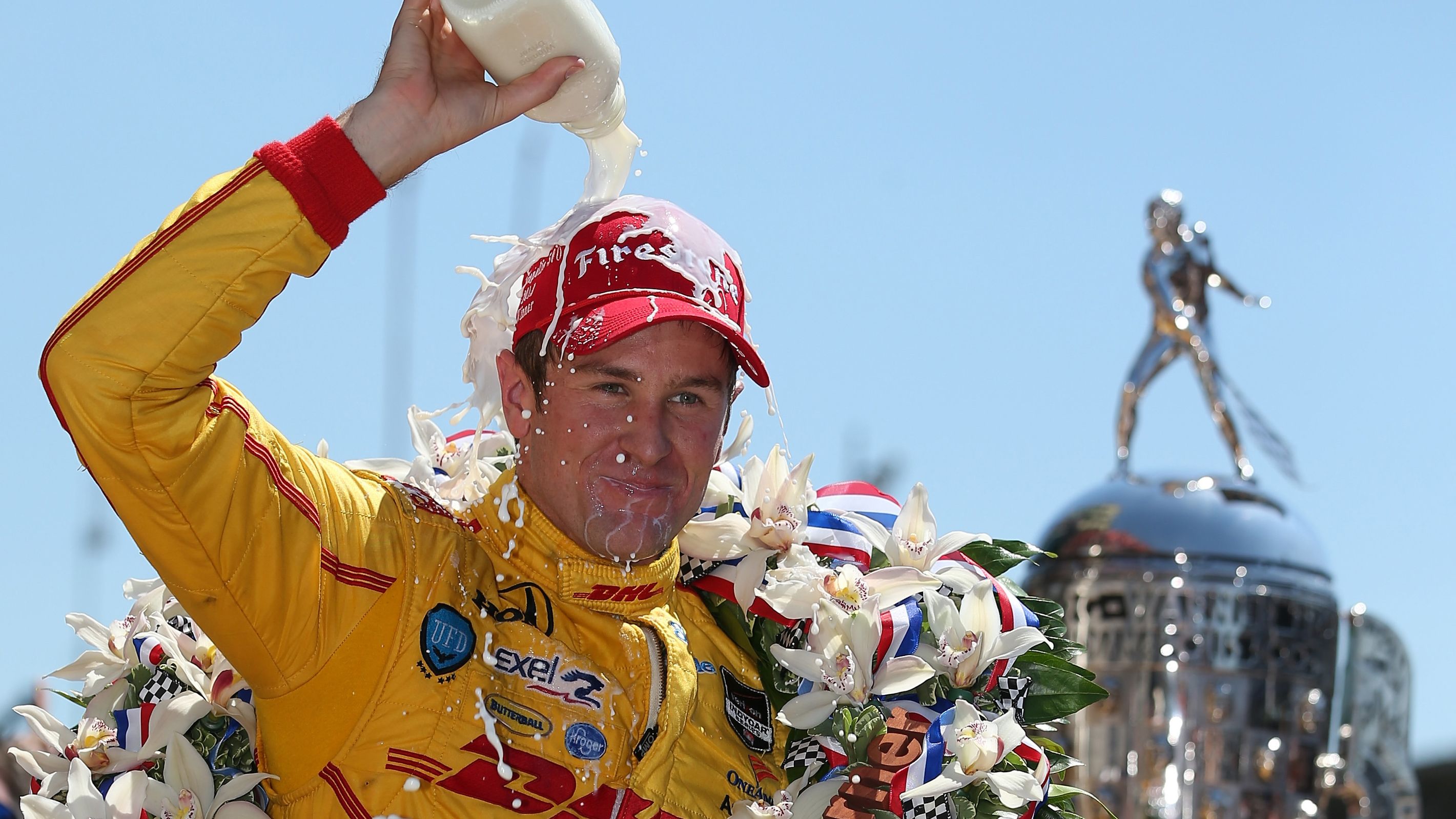 Ryan Hunter-Reay pours the customary milk over his head after winning the 2014 Indianapolis 500.