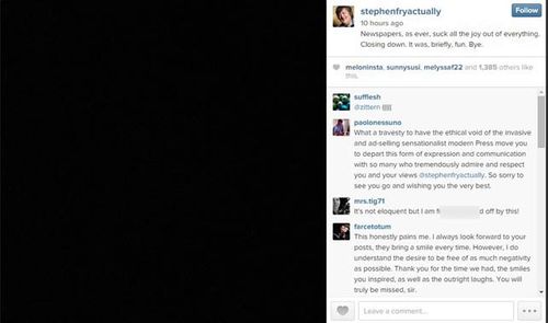 Stephen Fry 'hounded off' Instagram by the media