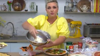 Jane de Graaff shows off homemade pizza dough