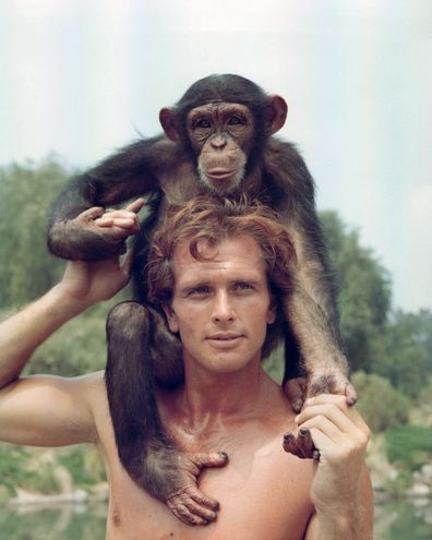 Ron Ely, Tarzan, on set, TV show, monkey