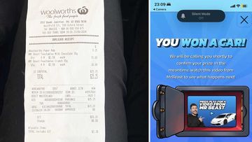 A photo provided by Isabella Wilson of her Woolworths receipt and a screenshot she took informing her she had won a car in the MrBeast Competition.