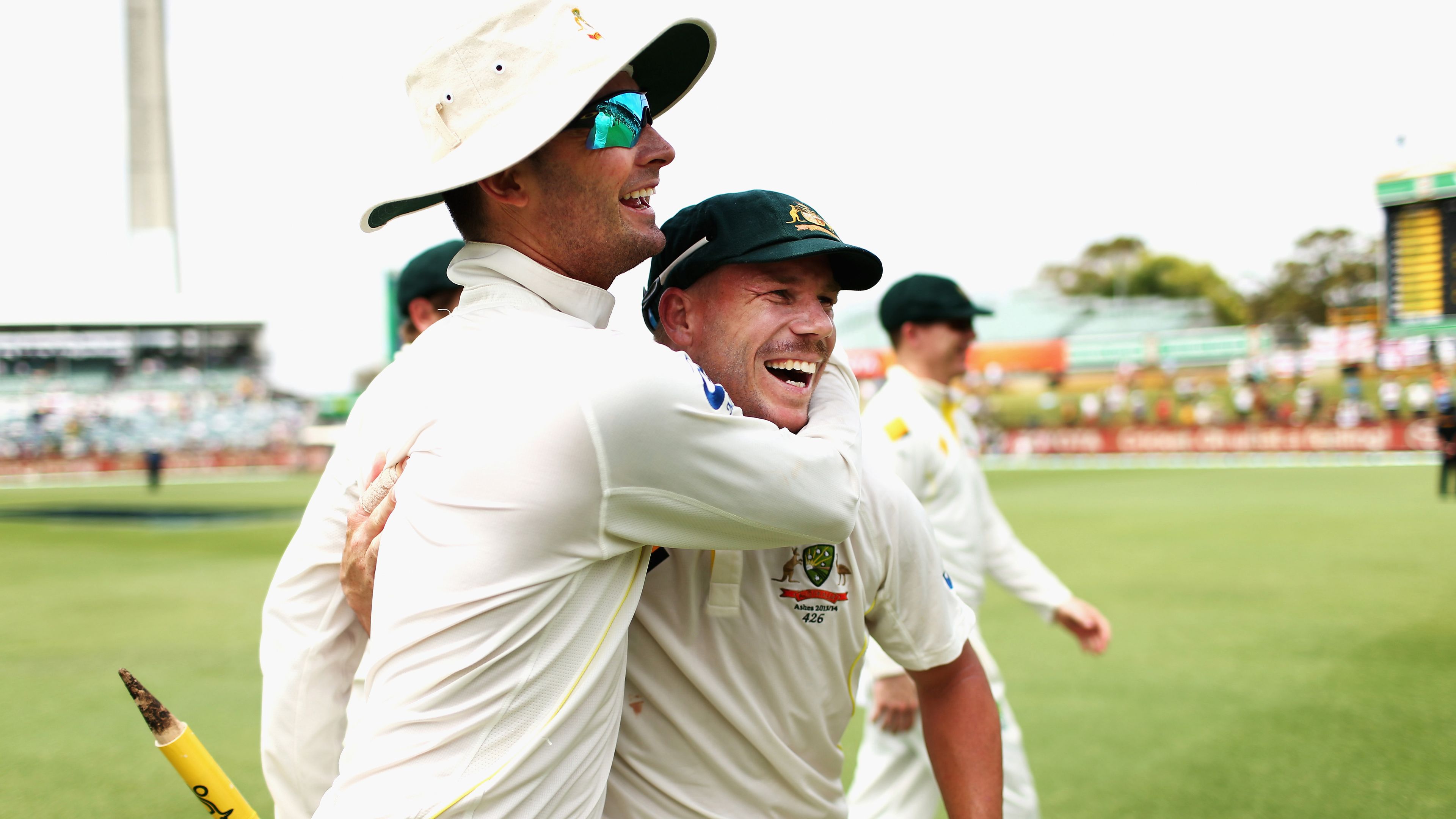 Michael Clarke and David Warner of Australia celebrate victory during day five of the Third Ashes Test Match between Australia and England at WACA on December 17, 2013 in Perth, Australia. (Photo by Ryan Pierse/Getty Images)