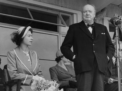 Winston Churchill delivers an address in the presence of Princess Elizabeth, 1951