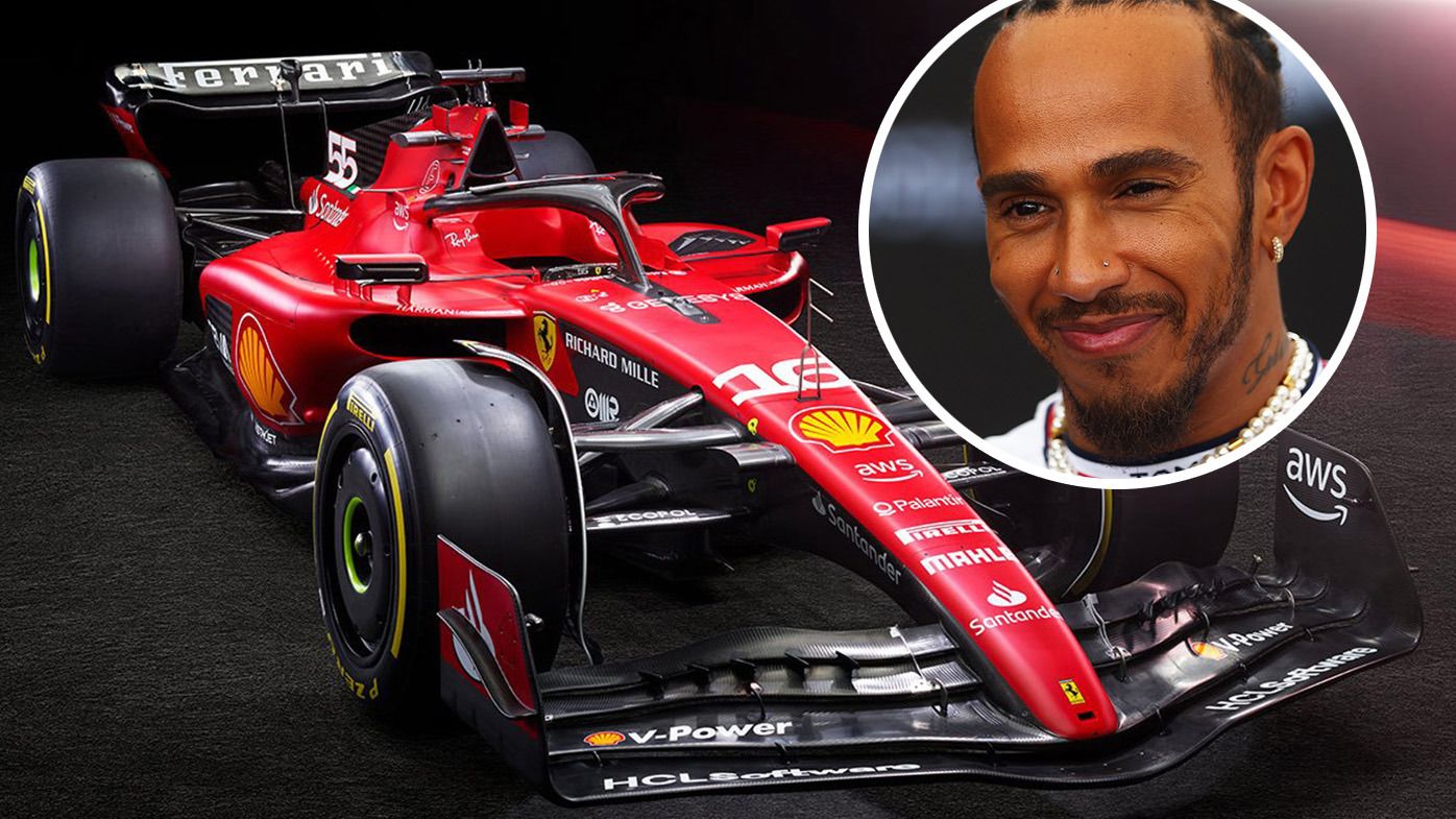 A Ferrari F1 car with Lewis Hamilton inset.