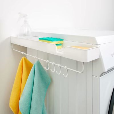 Magnetic shelf with hooks: $12