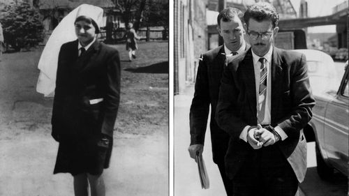Shooting victim Wendy Luscombe (left). Her killer, Lenny Lawson, is pictured arriving at the Coroners Court in 1961.