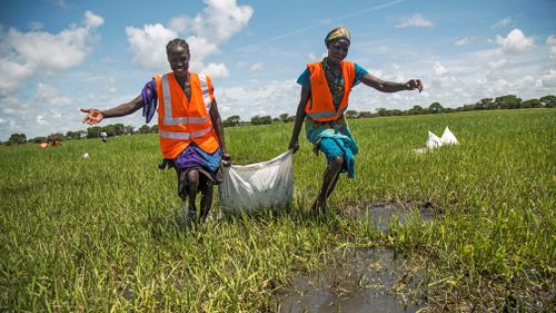 Two women carry sacks of food airdropped by the International Committee of the Red Cross (ICRC) in Kolopach, Jonglei state, South Sudan. (Image: AFP)