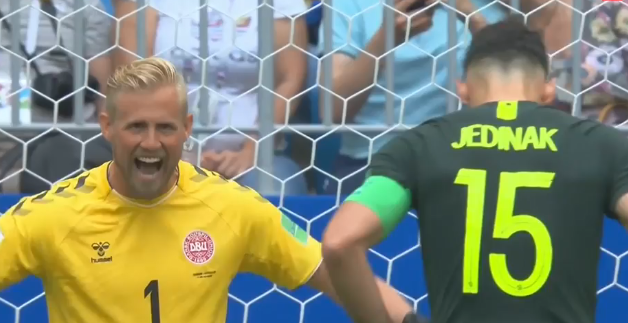 Danish goalkeeper Kasper Schmeichel sledges Socceroos skipper Mile Jedinak