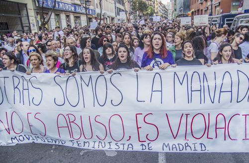 Massive protests have taken place in Pamplona after a group of gang rapists were sentenced. (AAP)