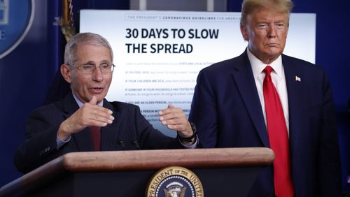 Le président Donald Trump écoute le Dr Anthony Fauci, directeur de l'Institut national des allergies et des maladies infectieuses, parler du coronavirus le 31 mars 2020.