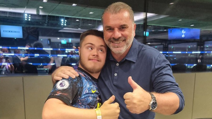 Ange Postecoglou with Spurs supporter Owen.