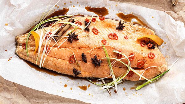 Poached whole salmon fillet with Asian flavours