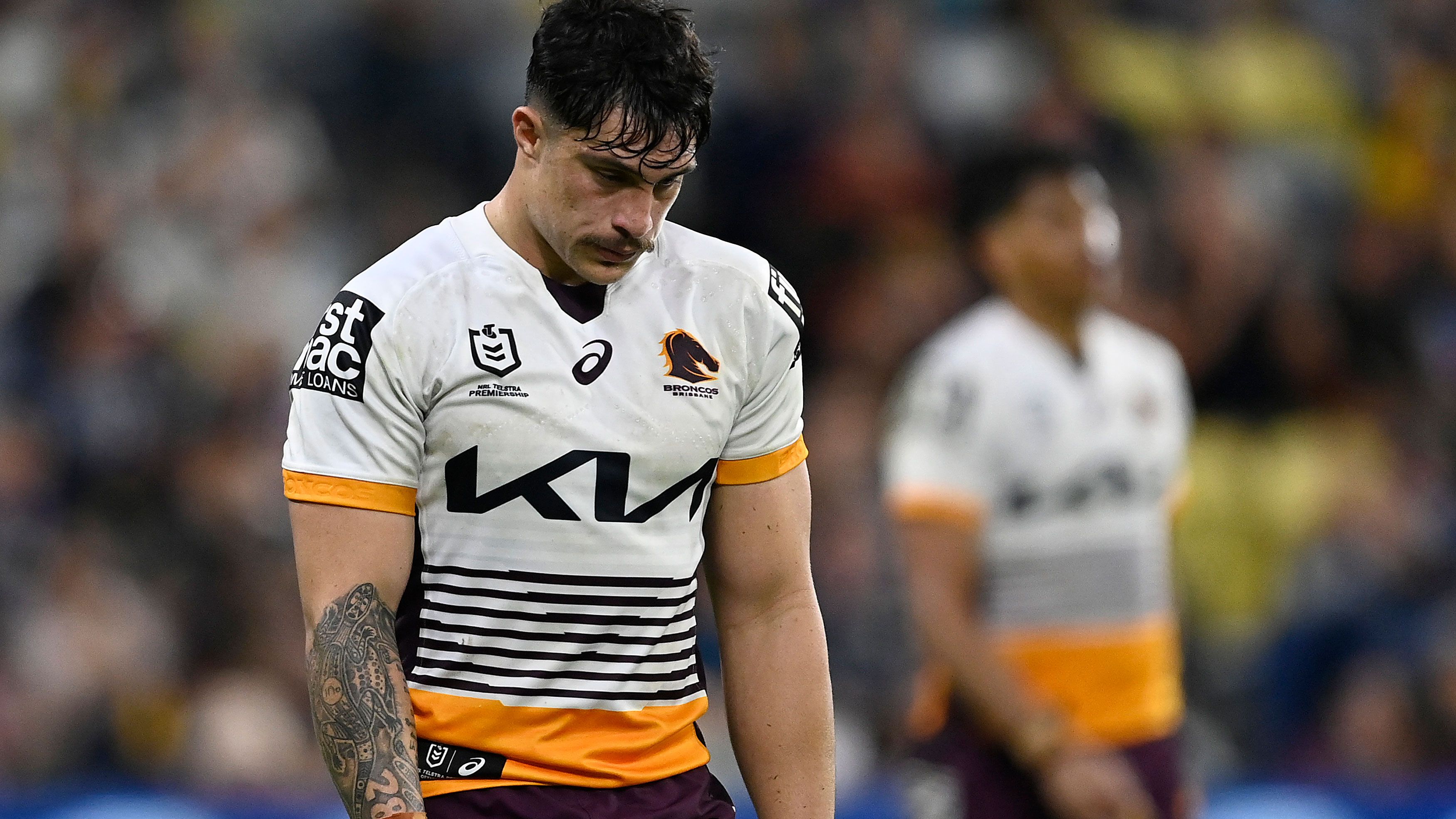 Kotoni Staggs of the Broncos looks dejected during his side&#x27;s round 16 loss to the Cowboys.