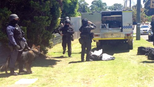 Police with dogs prepare to storm the house in Hercules St, Fairfield. (9NEWS)