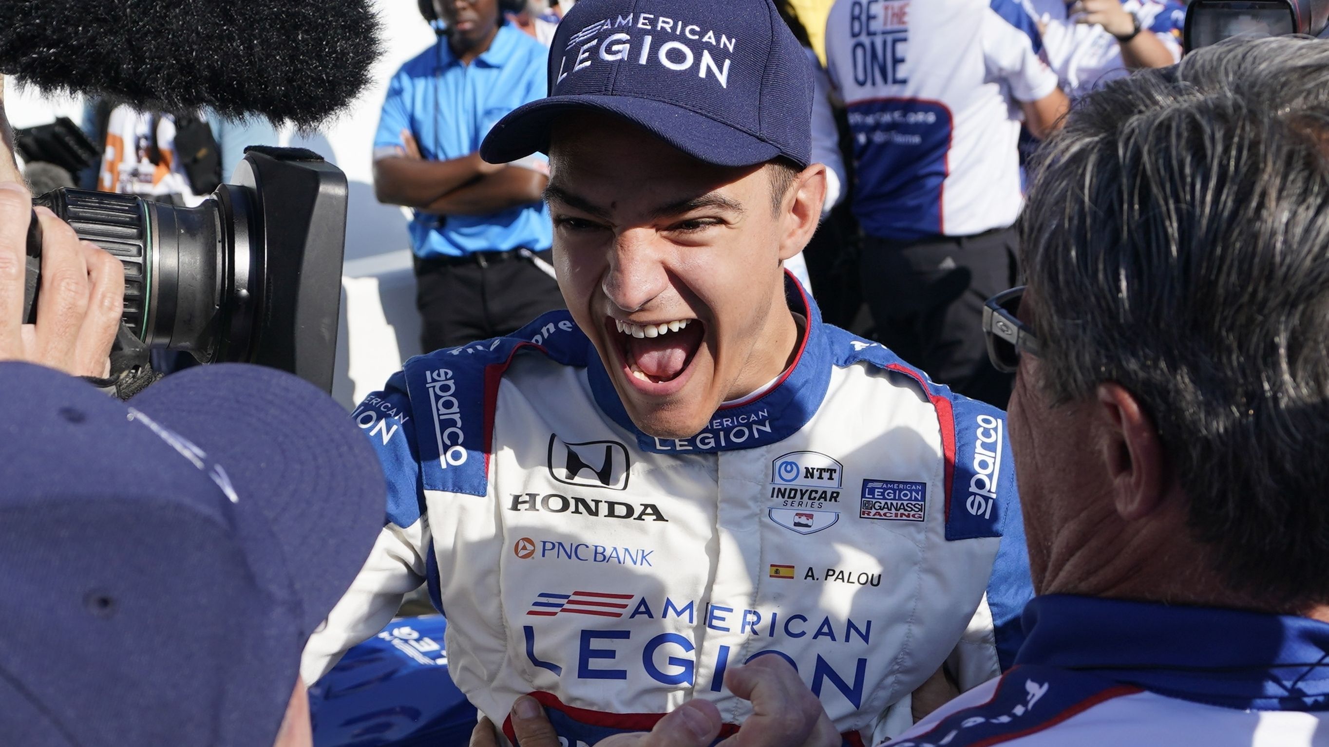 Alex Palou celebrates winning the pole for the Indianapolis 500.