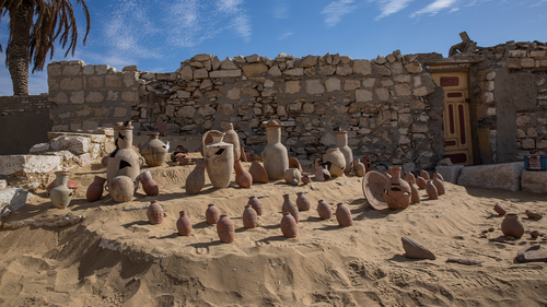 Pottery is on display near the funerary site of the temple of Queen Nearit, the wife of King Teti, where Egyptian archaeologist Zahi Hawass and his team unearthed a vast necropolis. (AP Photo/Nariman El-Mofty)