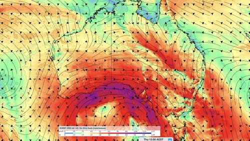 Forecast wind like speed and direction at 1pm AEST on Thursday, according to the ECMWF-HRES model.