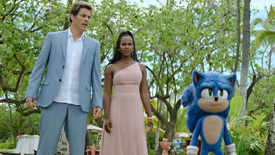 James Marsden, Tika Sumpter and Sonic (Ben Schwartz) in Sonic the Hedgehog.