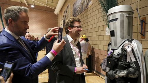 Independent candidate Count Binface speaks to a journalist