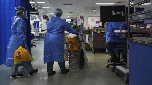 Patients in hospital with coronavirus are younger and sicker with the Delta strain. Pictured: Staff at St Vincent's Hospital ICU.