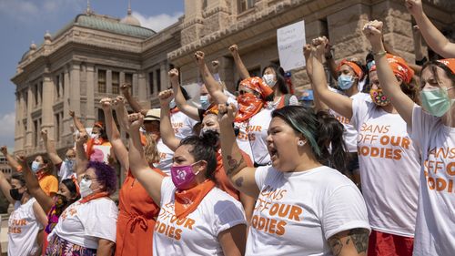 Women protest against the six-week abortion ban at the Capitol in Austin, Texas. 