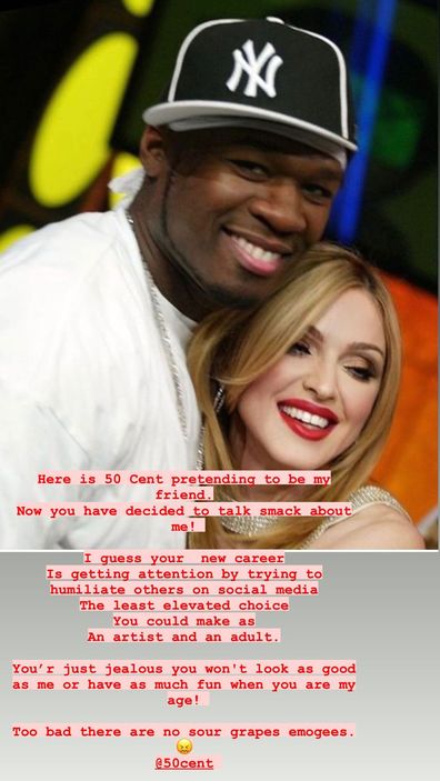 Madonna calls out 50 Cent for mocking her latest racy Instagram posts.