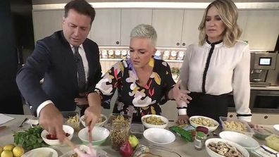Karl Stefanovic, Jane de Graaff and Leila McKinnon try the viral feta pasta hack on Today Show