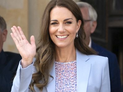Kate, Duchess of Cambridge waves as she leaves with Britain's Prince William after visiting the Fitzwilliam Museum to view a painted portrait of themselves as it is revealed to the public for the first time, in Cambridge, England, Thursday June 23, 2022.  