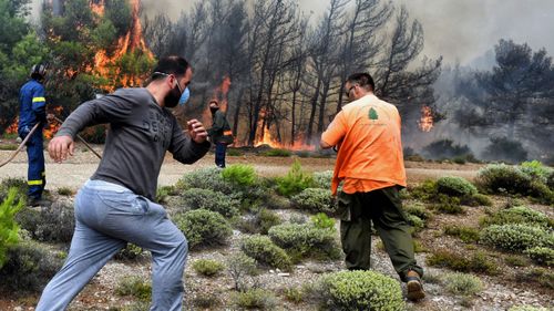 Firefighters and volunteers try to extinguish a wildfire raging in Verori, near Loutraki city, Peloponnese, southern Greece. (Image: AP)