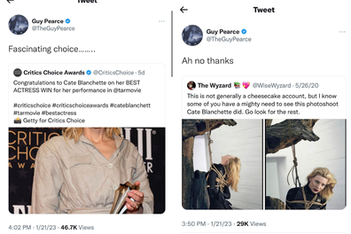 Guy Pearce posted a series of shady tweets about Cate Blanchett.