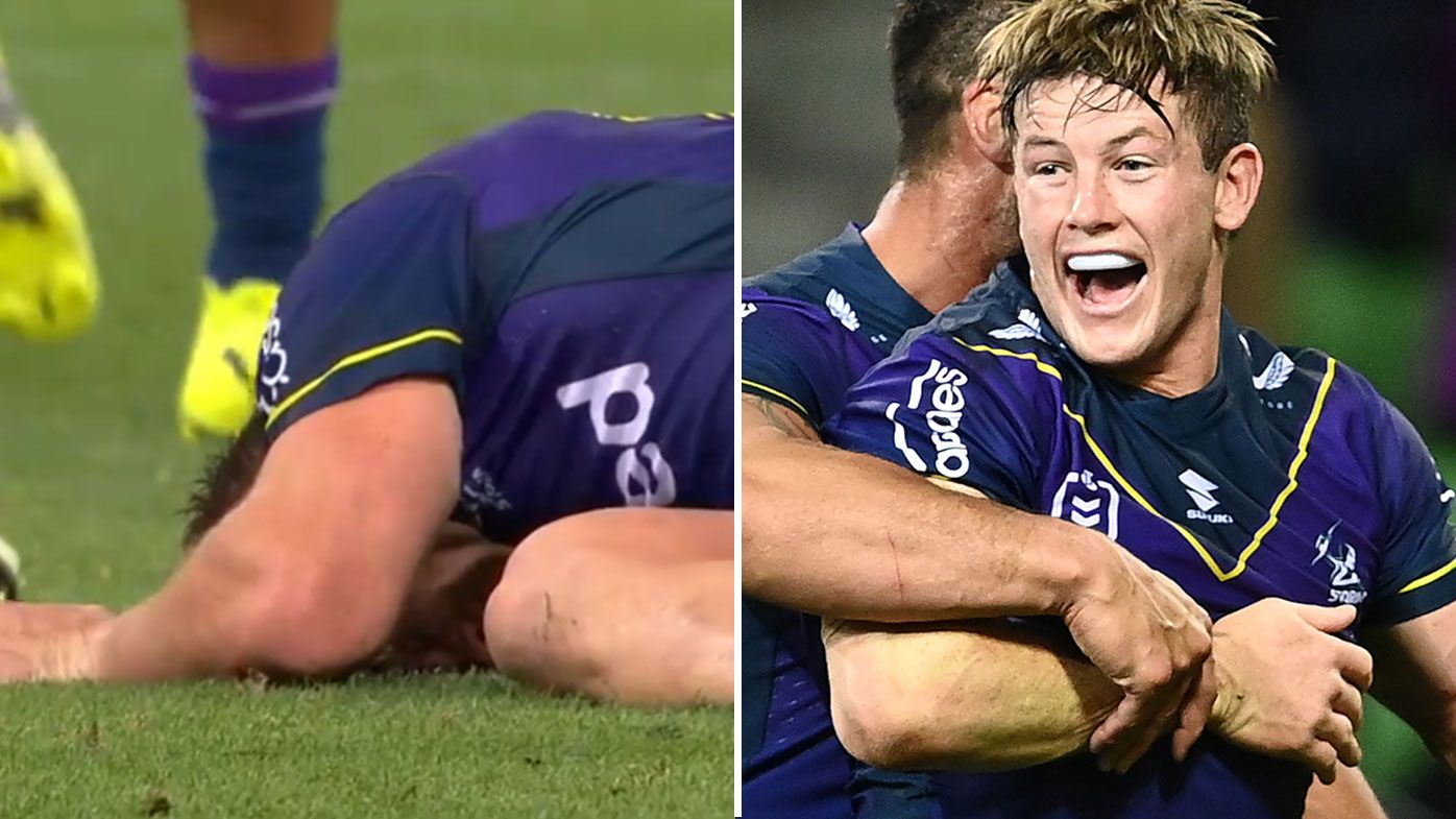 Harry Grant was knocked out and then went on to score a decisive try for the Storm. (Getty)